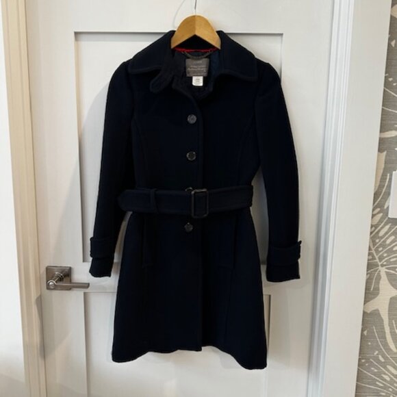 Womens Jcrew Navy Blue Italian Double Cloth Wool Coat with Belt, Size 0 - Picture 3 of 9